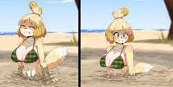 Size: 1280x648 | Tagged: suggestive, alternate version, artist:oppaihobby, isabelle (animal crossing), canine, dog, mammal, shih tzu, anthro, animal crossing, nintendo, 2021, beach, belly button, bikini, bikini top, black nose, blushing, breasts, clothes, cloud, commission, digital art, ears, eyelashes, eyes closed, female, fur, gritted teeth, hair, looking down, mud, ocean, palm tree, plant, quicksand, sand, shrunken pupils, sky, solo, solo female, swimsuit, tail, teeth, tree, water, wide hips