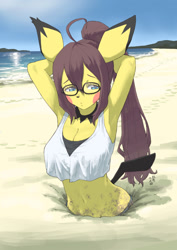 Size: 905x1280 | Tagged: suggestive, artist:yanamosuda, fictional species, mammal, pichu, anthro, nintendo, pokémon, 2021, armpits, arms behind head, beach, black nose, blushing, breasts, clothes, cloud, commission, digital art, ears, eyelashes, female, fur, glasses, hair, mud, ocean, quicksand, sand, sky, solo, solo female, tail, tank top, topwear, water