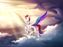Size: 4096x3072 | Tagged: safe, artist:bubuvany, zipp storm (mlp), equine, fictional species, mammal, pegasus, pony, feral, hasbro, my little pony, my little pony g5, spoiler:my little pony g5, 2021, colored wingtips, feathered wings, feathers, female, flying, high res, mare, smiling, solo, solo female, spread wings, tail, wings