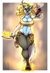 Size: 883x1280 | Tagged: safe, artist:thedrunkcoyote, oc, oc only, oc:aries passadar, canine, mammal, wolf, anthro, 2020, big breasts, blonde hair, blue body, blue fur, breasts, cleavage, clothes, crop top, evil grin, female, fire, fur, gray eyes, grin, gun, hair, lone candle, mercenary, midriff, predatory smile, shoes, solo, solo female, story included, sword, thick, topwear, weapon