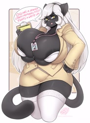 Size: 1840x2500 | Tagged: suggestive, artist:secretly_saucy, oc, oc only, cat, feline, mammal, anthro, 2021, areola, breasts, clothes, ears, female, hair, huge breasts, long hair, looking at you, solo, solo female, tail, thick thighs, thighs, white hair
