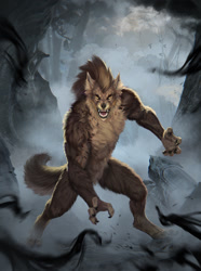 Size: 953x1280 | Tagged: safe, artist:ilya royz, canine, fictional species, mammal, werewolf, anthro, digitigrade anthro, 2021, brown body, brown fur, brown hair, claws, complete nudity, featureless crotch, forest, front view, full moon, fur, hair, halloween, holiday, looking at you, male, moon, nudity, outdoors, paws, sharp teeth, solo, solo male, standing, tail, teeth, tombstone, yellow eyes