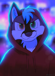 Size: 670x916 | Tagged: safe, artist:orcaowl, oc, oc only, canine, dog, husky, mammal, anthro, 2021, blue hair, blurred background, city, clothes, ear fluff, fluff, front view, fur, gray body, gray fur, green eyes, hair, heterochromia, hood, hoodie, lights, looking at you, male, night, orange eyes, signature, smiling, solo, solo male, topwear, white body, white fur