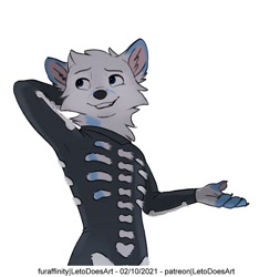 Size: 800x855 | Tagged: safe, artist:letodoesart, oc, oc only, oc:leto (letodoesart), arctic fox, canine, fox, mammal, anthro, 2021, blue body, blue fur, cheek fluff, clothes, costume, fluff, fur, grin, halloween, hand behind head, holiday, looking sideways, male, neck fluff, simple background, solo, solo male, white background, white body, white fur