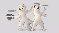 Size: 2048x1152 | Tagged: safe, artist:mochafurvie, oc, oc only, oc:everest, oc:pebble (letodoesart), mammal, mustelid, otter, anthro, 16:9, 2021, blue eyes, coffee, complete nudity, dialogue, drink, duo, duo male, featureless crotch, fur, hand hold, hand on face, holding, male, males only, mug, nudity, paws, signature, simple background, sleepy, standing, tail, talking, tea, wallpaper, white body, white fur