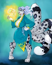 Size: 1632x2048 | Tagged: safe, artist:silkyfangs, oc, big cat, canine, feline, fictional species, fox, hybrid, kitsune, mammal, snow leopard, anthro, breasts, cleavage, clothes, huge breasts, intersex, intersex female, magic, multiple tails, robe, sharp teeth, solo, solo intersex female, tail, teeth