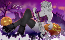 Size: 3840x2344 | Tagged: suggestive, artist:jerraldina, equine, human, mammal, pony, anthro, humanoid, chains, clothes, female, halloween, high heels, high res, holiday, night, pumpkin, sexy, shoes, vegetables, ych