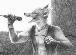 Size: 800x583 | Tagged: safe, artist:panhesekielshiroi, canine, fox, mammal, anthro, clothes, male, microphone, monochrome, solo, solo male, topwear, traditional art, vest