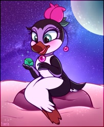 Size: 497x610 | Tagged: safe, artist:esmeia, marina (the pebble and the penguin), bird, penguin, anthro, sullivan bluth studios, the pebble and the penguin, beak, female, flower, flower in hair, front view, full moon, hair accessory, moon, night, night sky, sky, snow, solo, solo female, stars, three-quarter view