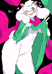 Size: 1448x2048 | Tagged: suggestive, artist:underchikichan, ralsei (deltarune), bovid, goat, mammal, deltarune, 2021, blushing, bottomless, clothes, clothing lift, colored pupils, exclamation point, featureless crotch, femboy, fur, green pupils, heart, lifting, looking at you, male, nudity, one eye closed, partial nudity, scarf, shirt, shirt lift, solo, solo male, topwear, white body, white fur
