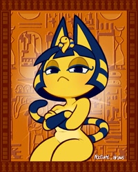 Size: 1080x1350 | Tagged: suggestive, artist:nocturnl_draws, ankha (animal crossing), cat, feline, mammal, anthro, animal crossing, nintendo, 2021, ankha zone, belly button, blue hair, crossed arms, female, fur, hair, hieroglyphics, lidded eyes, long tail, looking at you, meme, no nose, nudity, signature, solo, solo female, striped hair, tail, yellow body, yellow fur, yellow hair