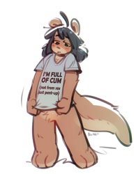 Size: 871x1133 | Tagged: suggestive, artist:panken, mammal, mustelid, otter, anthro, 2020, 3 toes, black hair, blushing, bottomless, clothes, english text, featureless crotch, fluff, front view, hair, hands, looking down, male, meme, nudity, partial nudity, pubic fluff, round ears, shirt, signature, simple background, solo, solo male, t-shirt, tail, text, topwear, white background