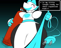 Size: 1280x1024 | Tagged: suggestive, artist:jouigidragon, tasque manager (deltarune), robot, anthro, deltarune, spoiler, spoiler:deltarune chapter 2, 2021, blush sticker, cyan hair, dialogue, dominant, dominant female, electrical plug, eyes closed, female, floating limbs, gradient background, hair, helium tank, huge hips, huge thighs, impending inflation, leash, leash pull, low angle, obtrusive watermark, open mouth, plug tail, talking, talking to viewer, text, watermark