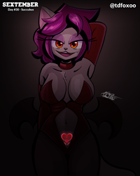 Size: 2000x2500 | Tagged: suggestive, artist:tdfoxoo, cat, demon, feline, fictional species, mammal, succubus, anthro, 2021, cat tail, cute, fangs, female, glowing, glowing eyes, golden eyes, high res, latex, sextember, sextember2021, sharp teeth, solo, solo female, tattoo, teeth, womb tattoo