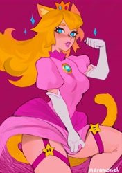 Size: 2881x4096 | Tagged: safe, artist:maramoisel, princess peach (mario), animal humanoid, cat, feline, fictional species, mammal, humanoid, mario (series), nintendo, 2021, 5 fingers, blonde hair, blue eyes, blushing, clothes, crown, dress, evening gloves, female, garter belt, gloves, hair, headwear, high res, jewelry, long gloves, long tail, looking at you, regalia, signature, solo, solo female, species swap, tail, white gloves