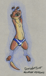 Size: 1224x2000 | Tagged: suggestive, artist:doesnotexist, oc, oc:bryce daeless, oc:bryce daeless (otter), eurasian river otter, mammal, mustelid, otter, anthro, digitigrade anthro, 2021, bedroom eyes, brown body, brown fur, bulge, colored pencil drawing, countershading, eye spot, floating, fur, green eyes, looking at you, lying down, male, on back, partial nudity, partially submerged, saltire, scottish, signature, smiling, smiling at you, solo, solo male, speedo, spots, spotted body, spotted fur, tail, tan body, tan fur, topless, traditional art, whiskers