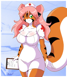 Size: 874x1000 | Tagged: safe, artist:mleonheart, oc, oc only, big cat, feline, mammal, tiger, anthro, 2012, breasts, clothes, digital art, ears, eyelashes, female, fur, hair, looking at you, nurse outfit, one eye closed, solo, solo female