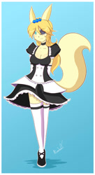 Size: 600x1100 | Tagged: safe, artist:mleonheart, oc, oc only, canine, mammal, anthro, 2012, arms behind head, breasts, clothes, commission, digital art, ears, eyelashes, female, fur, hair, looking at you, maid outfit, one eye closed, simple background, solo, solo female