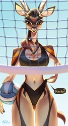 Size: 2208x4096 | Tagged: safe, artist:holivi, oc, oc:zahra (airheart), antelope, bovid, gazelle, mammal, anthro, ball, big breasts, bikini, breasts, cleavage, clothes, female, horns, looking at you, open mouth, smiling, smiling at you, solo, solo female, swimsuit, thick thighs, thighs, volleyball, wide hips
