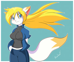 Size: 1000x841 | Tagged: safe, artist:mleonheart, oc, oc only, canine, fox, mammal, anthro, 2012, arms behind head, bottomwear, breasts, clothes, digital art, ears, eyelashes, female, fur, hair, looking at you, pants, shirt, simple background, solo, solo female, topwear, vixen