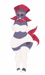Size: 3006x4900 | Tagged: suggestive, alternate version, artist:mleonheart, fictional species, weavile, anthro, digitigrade anthro, nintendo, pokémon, 2019, belly button, bottomwear, breasts, clothes, commission, digital art, ears, eyelashes, female, flat colors, fur, hair, legwear, looking at you, nipple slip, shorts, simple background, smiling, smiling at you, solo, solo female, stockings, tank top, thighs, topwear, wardrobe malfunction, white background, wide hips