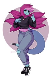 Size: 694x1024 | Tagged: safe, artist:tanookiluna, oc, oc only, fictional species, anthro, nintendo, pokémon, 2021, bottomwear, breasts, clothes, commission, digital art, ears, female, hair, pants, shirt, shoes, solo, solo female, tail, topwear