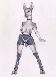 Size: 1116x1549 | Tagged: suggestive, artist:ecmajor, oc, oc only, oc:santiago (ecmajor), oc:valparaíso (ecmajor), llama, mammal, anthro, unguligrade anthro, 2016, bottomwear, breasts, camelid, clothes, cloven hooves, collar, ear piercing, earring, ears, female, fur, guanaco, hooves, latex, legwear, nipple covers, nudity, pants, partial nudity, piercing, pinup, signature, simple background, solo, solo female, spandex, standing, stockings, tail, tongue, tongue out, tongue piercing, topless, traditional art, white background