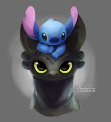 Size: 698x770 | Tagged: safe, artist:tsaoshin, stitch (lilo & stitch), toothless (httyd), alien, dragon, experiment (lilo & stitch), fictional species, night fury, western dragon, feral, semi-anthro, disney, dreamworks animation, how to train your dragon, lilo & stitch, 2014, 4 fingers, black eyes, black scales, blue body, blue claws, blue fur, claws, colored sclera, crossover, duo, duo male, ears, fluff, fur, gray background, green sclera, head fluff, male, males only, photoshop, scales, signature, simple background, torn ear