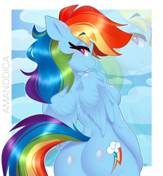Size: 3100x3345 | Tagged: suggestive, artist:amanddica, rainbow dash (mlp), equine, fictional species, mammal, pegasus, pony, anthro, friendship is magic, hasbro, my little pony, 2021, bedroom eyes, breasts, butt, complete nudity, cutie mark, eyebrow through hair, eyebrows, eyelashes, feathered wings, feathers, female, hair, high res, looking at you, looking back, looking back at you, magenta eyes, mare, nudity, rainbow hair, rainbow tail, sideboob, sky, solo, solo female, tail, wings, zoom layer