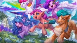 Size: 4096x2332 | Tagged: safe, artist:barnasbasgrace, hitch trailblazer (mlp), izzy moonbow (mlp), pipp petals (mlp), sunny starscout (mlp), zipp storm (mlp), earth pony, equine, fictional species, mammal, pegasus, pony, unicorn, feral, hasbro, my little pony, my little pony g5, spoiler:my little pony g5, 2021, chest fluff, circlet, colored wingtips, feathered wings, feathers, female, fluff, flying, grass, group, high res, hooves, horn, male, mane five (mlp g5), mare, spread wings, stallion, tail, unshorn fetlocks, white wings, wings