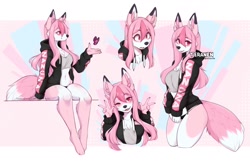 Size: 1498x1000 | Tagged: safe, artist:teranen, nazuna hiwatashi (bna), canine, fox, mammal, anthro, digitigrade anthro, bna: brand new animal, 2021, adorasexy, belly button, big breasts, black nose, blushing, border, bottomwear, breasts, chest fluff, clothes, crop top, curvy, cute, dipstick ears, dipstick tail, ear fluff, eyelashes, female, fluff, gesture, hair, hoodie, legs, long hair, looking at you, midriff, one eye closed, pale belly, panties, paws, peace sign, pink hair, sexy, short shorts, shorts, slit pupils, smiling, smiling at you, solo, solo female, tail, tail fluff, thick thighs, thighs, thong, topwear, underwear, vixen, white border, wide hips, winking