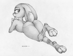 Size: 1469x1135 | Tagged: suggestive, artist:ecmajor, judy hopps (zootopia), lagomorph, mammal, rabbit, anthro, disney, zootopia, 2016, boots, butt, clothes, ears, female, fur, looking back, lying down, nudity, partial nudity, paws, shoes, signature, simple background, solo, solo female, tail, topless, traditional art, white background