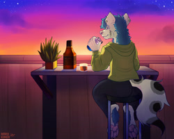 Size: 5600x4478 | Tagged: safe, artist:marykimer, hyena, mammal, anthro, absurd resolution, alcohol, clothes, commission, drink, drinking, full body, paws, plant, sitting, solo
