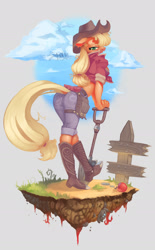 Size: 1024x1647 | Tagged: safe, artist:spaboofy, applejack (mlp), anthro, plantigrade anthro, friendship is magic, hasbro, my little pony, apple, breasts, clothes, cowboy boots, dirt cube, female, fence, food, front knot midriff, fruit, midriff, shirt, shovel, sky, solo, solo female, topwear