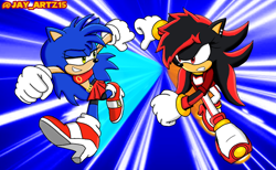 Size: 1024x629 | Tagged: safe, artist:jame5rheneaz, shadow the hedgehog (sonic), sonic the hedgehog (sonic), hedgehog, mammal, anthro, sega, sonic the hedgehog (series), duo, duo female, female, females only, rule 63