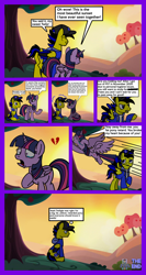Size: 2130x3995 | Tagged: safe, artist:mrstheartist, twilight sparkle (mlp), canon x oc, oc, oc:ponyseb 2.0, alicorn, equine, fictional species, mammal, pegasus, pony, feral, friendship is magic, hasbro, my little pony, angry, apple tree, base used, black outline, clothes, colored wingtips, comic, crying, female, flying, heartbroken, high res, hoodie, male, male/female, ouch, plant, shipping, sitting, speech bubble, sunset, sweet apple acres, topwear, tree, unzipped, vulgar, wings