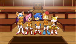Size: 3450x2000 | Tagged: safe, artist:jarethnerl, amy rose (sonic), miles "tails" prower (sonic), princess sally acorn (sonic), rouge the bat (sonic), sonic the hedgehog (sonic), bat, canine, chipmunk, fox, hedgehog, mammal, red fox, rodent, archie sonic the hedgehog, sega, sonic the hedgehog (series), clothes, courtroom, female, group, high res, male, prison outfit, varying degrees of want