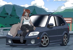 Size: 4096x2814 | Tagged: safe, artist:427deer, oc, oc only, canine, mammal, wolf, anthro, 2021, black nose, bottomwear, breasts, car, clothes, commission, digital art, ears, female, fur, hair, looking at you, mazda, mazda protege5, pants, pose, shirt, shoes, solo, solo female, tail, topwear, vehicle
