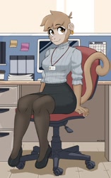 Size: 1656x2632 | Tagged: safe, artist:427deer, oc, oc only, mammal, monkey, primate, anthro, 2021, bottomwear, breasts, chair, clothes, detailed background, digital art, ears, eyelashes, female, fur, hair, legwear, office, shirt, shoes, sitting, skirt, solo, solo female, stockings, tail, thighs, topwear