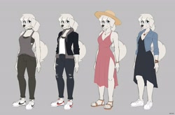 Size: 3601x2376 | Tagged: safe, artist:427deer, oc, oc only, canine, dog, mammal, anthro, 2021, black nose, bottomwear, breasts, clothes, digital art, dress, ears, female, fur, hair, high res, looking at you, pants, reference sheet, shirt, shoes, side slit, solo, solo female, straw hat, tail, topwear