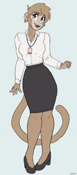 Size: 1823x4096 | Tagged: safe, artist:427deer, oc, oc only, mammal, monkey, primate, anthro, 2021, bottomwear, breasts, clothes, digital art, ear piercing, earring, ears, female, fur, hair, high heels, looking at you, name tag, open mouth, pants, piercing, sharp teeth, shirt, shoes, simple background, solo, solo female, tail, teeth, tongue, topwear