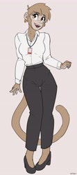 Size: 1823x4096 | Tagged: safe, alternate version, artist:427deer, oc, oc only, mammal, monkey, primate, anthro, 2021, bottomwear, breasts, clothes, digital art, ear piercing, earring, ears, female, fur, hair, high heels, looking at you, name tag, open mouth, pants, piercing, sharp teeth, shirt, shoes, simple background, solo, solo female, tail, teeth, tongue, topwear