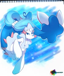 Size: 1076x1280 | Tagged: safe, artist:rainbowscreen, fictional species, mammal, primarina, anthro, semi-anthro, nintendo, pokémon, 2016, eyelashes, female, hair, looking at you, pink nose, solo, solo female, starter pokémon, tail, thighs, underwater, water, wide hips