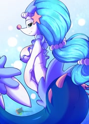 Size: 924x1280 | Tagged: suggestive, artist:rainbowscreen, fictional species, primarina, anthro, semi-anthro, nintendo, pokémon, 2016, belly button, breasts, butt, eyelashes, female, hair, looking at you, nudity, pink nose, sideboob, simple background, solo, solo female, starter pokémon, thighs, wide hips
