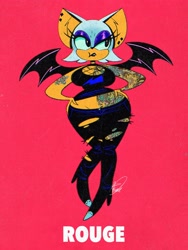 Size: 1536x2048 | Tagged: safe, artist:grillhou5e, rouge the bat (sonic), bat, mammal, anthro, sega, sonic the hedgehog (series), 2021, bat wings, breasts, cleavage, clothes, crop top, eyelashes, eyeshadow, female, fishnet clothing, front view, hand on hip, heels, hourglass figure, jeans, looking to the side, makeup, pants, pink background, ripped jeans, ripped pants, signature, simple background, solo, solo female, tattoo, text, topwear, torn clothes, webbed wings, wide hips, wings