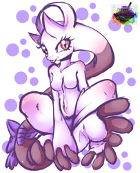 Size: 1024x1261 | Tagged: safe, artist:rainbowscreen, fictional species, legendary pokémon, mammal, mewtwo, anthro, digitigrade anthro, nintendo, pokémon, 2013, blep, breasts, eyelashes, female, looking at you, mega mewtwo, solo, solo female, speech bubble, thighs, tongue, tongue out, wide hips