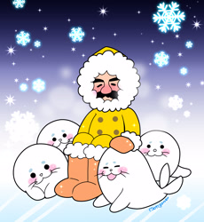 Size: 2712x2952 | Tagged: safe, artist:motigomer, captain tuck (rhythm heaven), human, mammal, seal, feral, nintendo, rhythm heaven, :3, ambiguous gender, clothes, facial hair, group, high res, ice, male, moustache, night, smiling, snow, snowflake, tail, unnamed character, winter, winter outfit