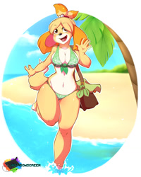 Size: 1024x1280 | Tagged: safe, artist:rainbowscreen, isabelle (animal crossing), canine, dog, mammal, shih tzu, anthro, digitigrade anthro, animal crossing, nintendo, 2017, bag, beach, belly button, bikini, black nose, blushing, breasts, clothes, digital art, ears, eyelashes, female, fur, hair, ocean, open mouth, palm tree, plant, sand, solo, solo female, swimsuit, tail, thighs, tongue, tree, water, wide hips