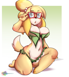 Size: 900x1000 | Tagged: suggestive, artist:rainbowscreen, isabelle (animal crossing), canine, dog, mammal, shih tzu, anthro, digitigrade anthro, animal crossing, nintendo, 2016, belly button, bikini, black nose, blushing, breasts, clothes, digital art, ears, eyelashes, fur, glasses, hair, kneeling, open mouth, swimsuit, tail, thighs, tongue, wide hips