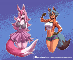 Size: 1280x1055 | Tagged: safe, artist:alanscampos, michiru kagemori (bna), nazuna hiwatashi (bna), canine, fox, mammal, raccoon dog, anthro, bna: brand new animal, 2021, belly button, black nose, blushing, bottomwear, breasts, clothes, digital art, dress, duo, duo female, ears, evening gloves, eyelashes, female, females only, fur, gloves, hair, jacket, long gloves, looking at you, mask (facial marking), open mouth, shirt, shorts, simple background, skirt, socks (leg marking), tail, thighs, tongue, topwear, vixen, wide hips